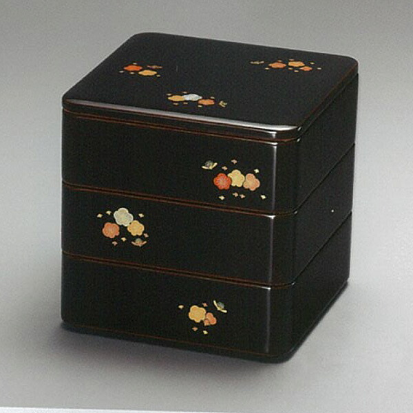 【越前漆器】貝入りこぼれ梅　溜内朱　三段重