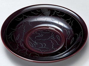 【越前漆器】　牡丹彫　茶托　溜　５枚組　/漆器・おもてなし・御祝・ご祝儀・ギフト・贈り物・お茶会・茶托｜漆器のしもむら
