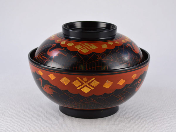 雑煮椀 耀松紋 黒内朱 135mm 5個 蓋付き 金箔付き ( 父の日