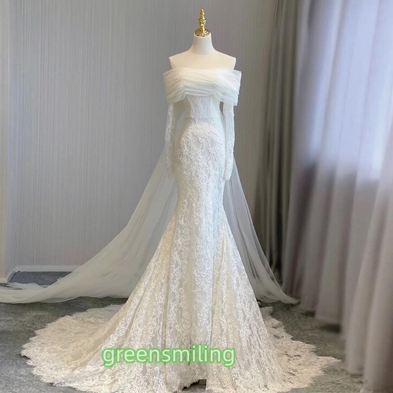 ウェディングドレス ウエディングドレス ロングドレス 二次会 結婚式 前撮り ブライダル 花嫁 マーメイドドレス オフショルダー 長袖 総レース トレーン
