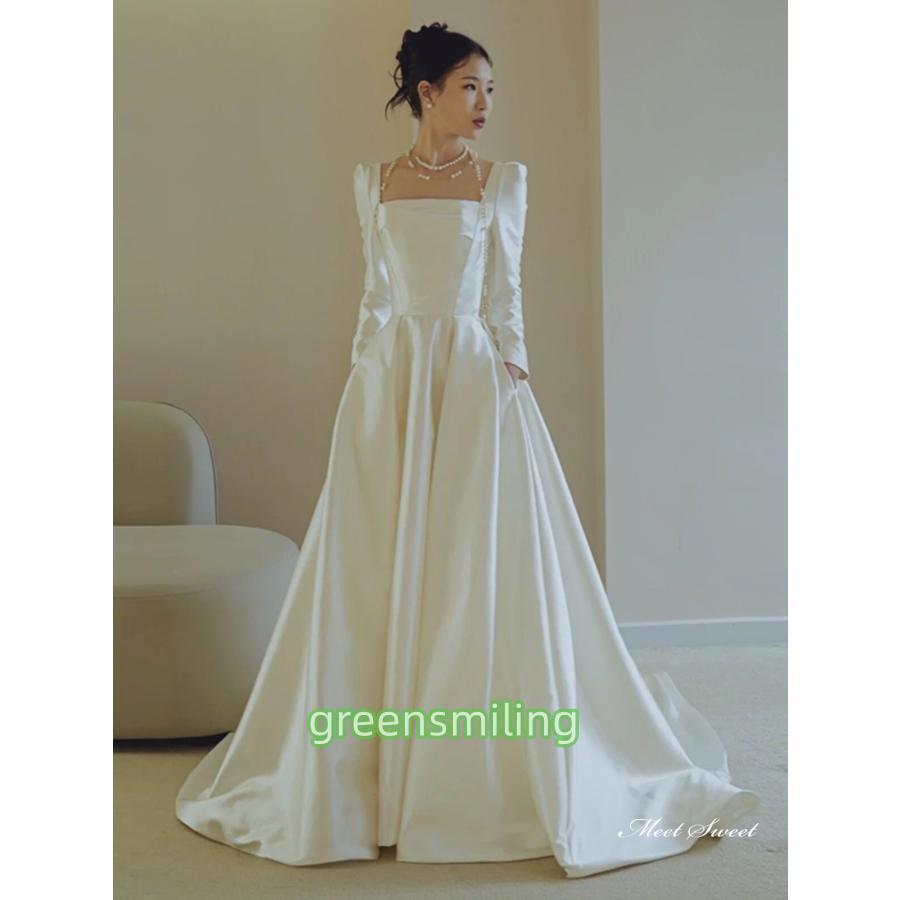 ウェディングドレス ロングドレス Aラインドレス 長袖 サテン スクエアネック ファスナー 二次会 結婚式 前撮り ブライダル 花嫁 ウエディングドレス｜シルエットセレクト