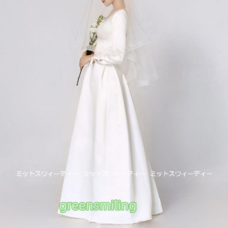 ウェディングドレス ロングドレス 結婚式 ウエディングドレス 長袖 Aラインドレス 二次会 花嫁 前撮り エレガント サテン ホワイト シンプル リゾート 披露宴|シルエットセレクト