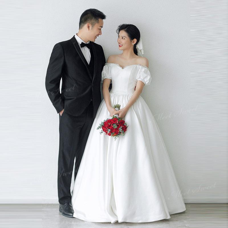 ウェディングドレス オフショルダー バルーンスリーブ Aライン ロング 二次会 結婚式 披露宴 前撮り 後撮り 発表会 花嫁 ウエディングドレス 花嫁ドレス