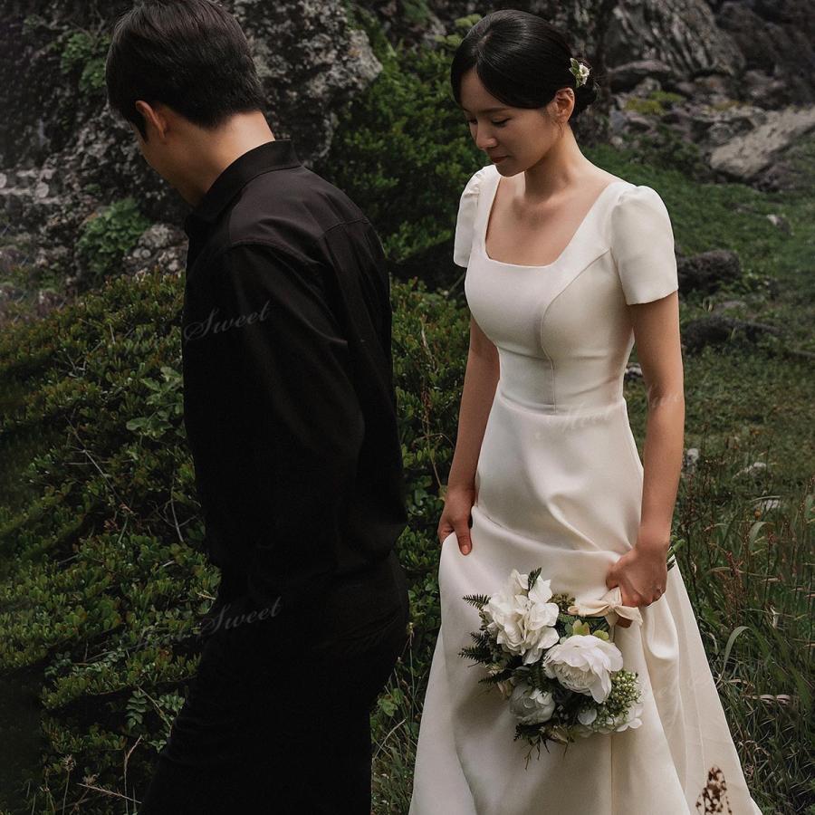 ウェディングドレス ワンピース 袖付き 半袖 スレンダーライン ロング 二次会 結婚式 披露宴 前撮り 後撮り 発表会 花嫁 ウエディングドレス 花嫁ドレス