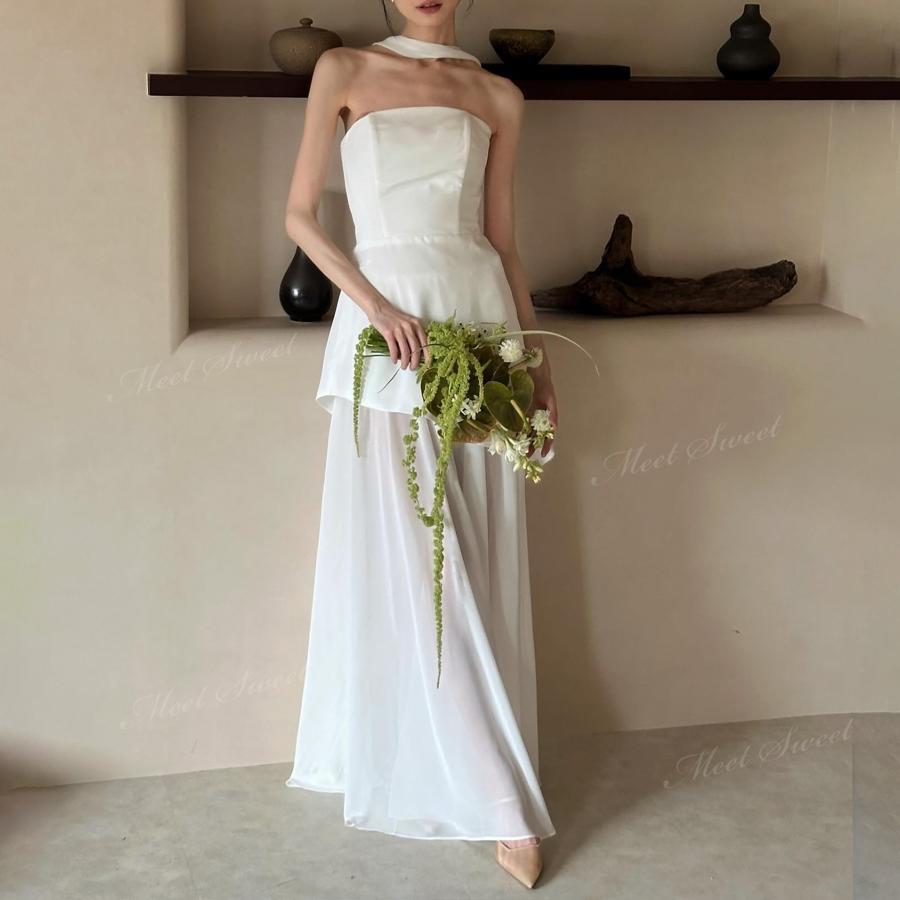 ウェディングドレス ホワイト ブラック スレンダーライン サテン ロング 二次会 結婚式 披露宴 前撮り 後撮り 発表会 花嫁 ウエディングドレス 花嫁ドレス