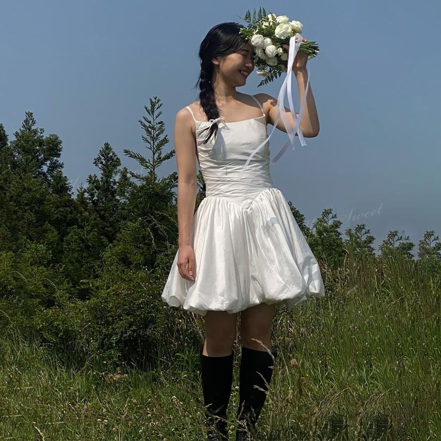 ウェディングドレス ミニ ショート丈 ミニドレス バルーン サテン 二次会 結婚式 前撮り 発表会 花嫁 ウエディングドレス ショートドレス|シルエットセレクト