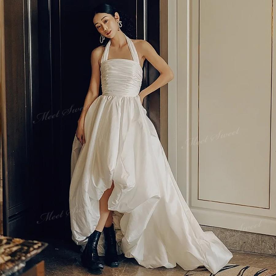 ウェディングドレス タフタ ホルダーネック 脚見せ ボリューム Aライン ロング 二次会 結婚式 披露宴 前撮り 後撮り 発表会 花嫁 ウエディングドレス 花嫁ドレス｜シルエットセレクト