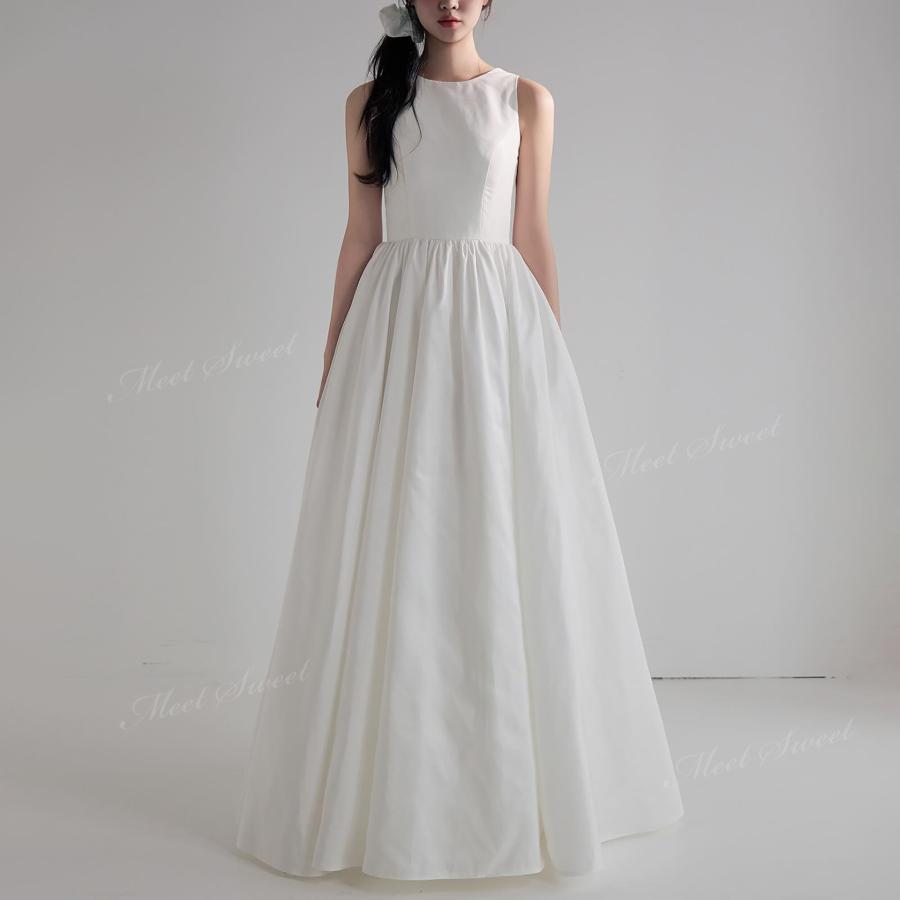 ウェディングドレス ノースリーブ ラウンドネック シンプル ホワイト Aライン ロング 二次会 結婚式 披露宴 前撮り 発表会 花嫁 ウエディングドレス 花嫁ドレス