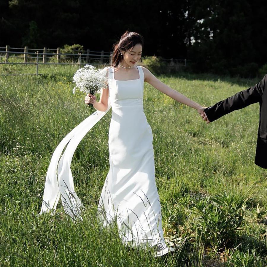 ウェディングドレス マーメイド ノースリーブ リボン大きめ サテン ロング 二次会 結婚式 披露宴 前撮り 後撮り 発表会 花嫁 ウエディングドレス エレガント
