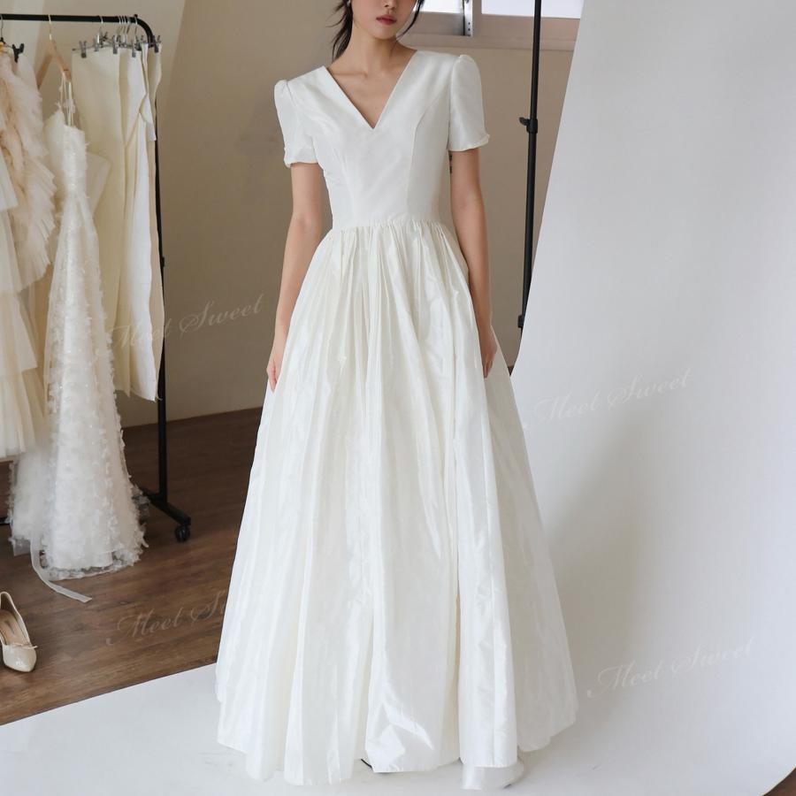 ウェディングドレス タフタ 半袖 Vネック シンプルデザイン 韓国風 Aライン ロング 二次会 結婚式 披露宴 前撮り 発表会 花嫁 ウエディングドレス 花嫁ドレス｜シルエットセレクト