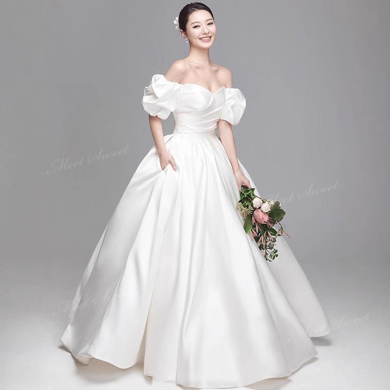 ウェディングドレス プリンセスライン オフショルダー サテン Aライン ロング 二次会 結婚式 披露宴 前撮り 後撮り 発表会 花嫁 ウエディングドレス 花嫁ドレス|シルエットセレクト
