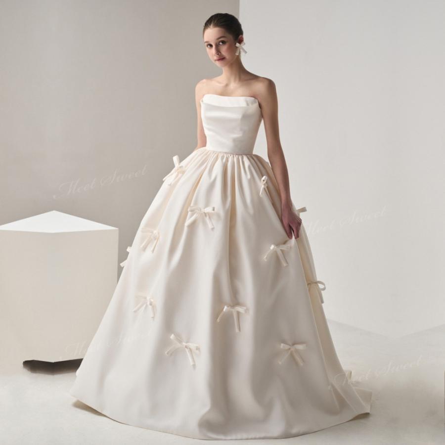 ウェディングドレス プリンセスライン リボン ベアトップ ロング 二次会 結婚式 披露宴 前撮り 後撮り 発表会 花嫁 ウエディングドレス 花嫁ドレス ロマンチック|シルエットセレクト