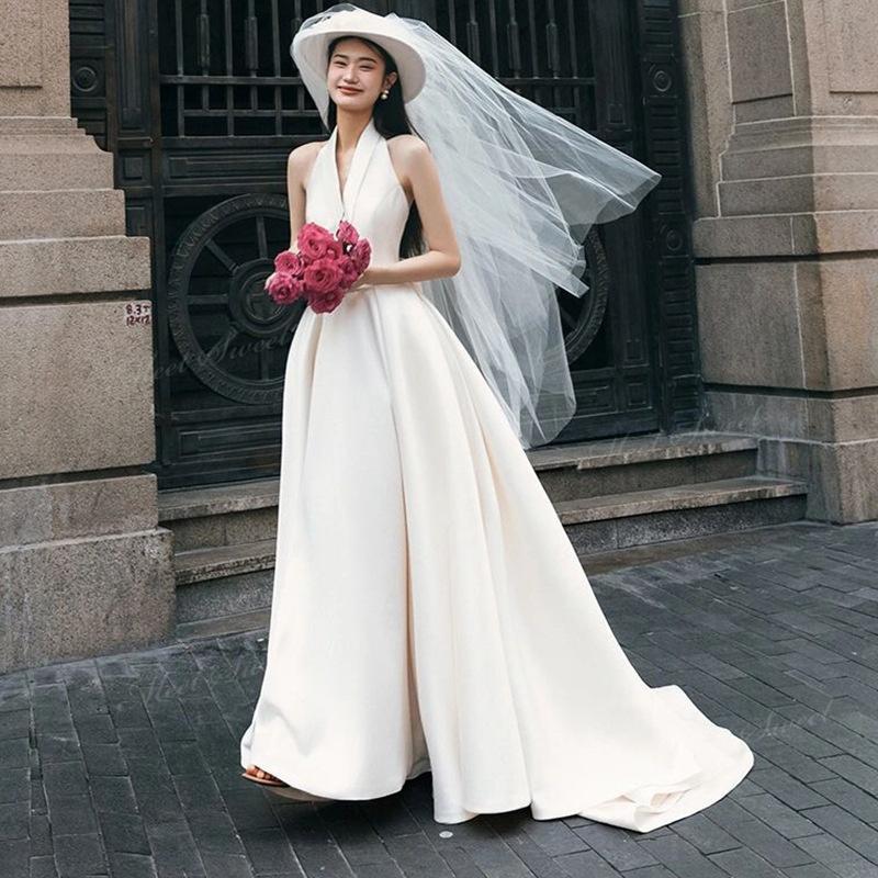 ウェディングドレス アメリカンスリーブ おしゃれ Aライン サテン ロング 二次会 結婚式 披露宴 前撮り 後撮り 発表会 花嫁 ウエディングドレス 花嫁ドレス