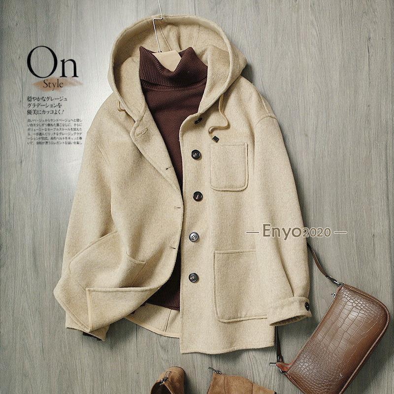 ウールコート フード付きダブルフェイクコート カシミア 無地 レディース ショート丈 秋服 シンプル 冬服 防寒対策 保温 冬服物 アウター