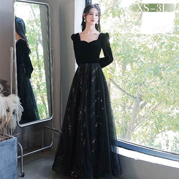 ドレス 大人 ピアノ 発表会 ロング 演奏会 結婚式 黒 ワンピース 長袖 パーティードレス イブニングドレス フォーマル｜シルエットセレクト