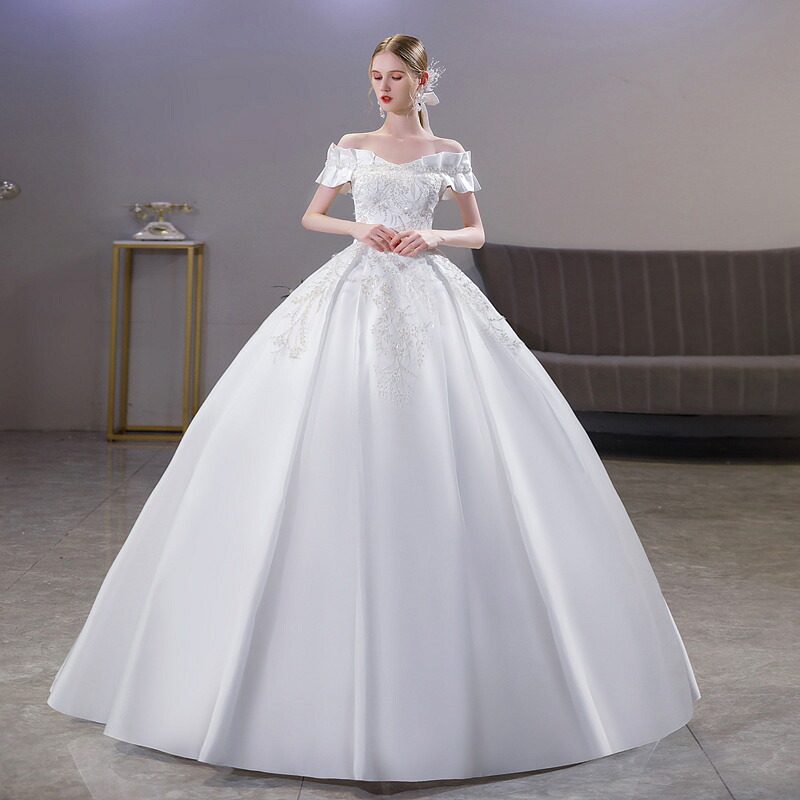 ウェディングドレス ロングドレス プリンセスラインドレス オフショルダー 二次会 結婚式 前撮り 花嫁 ウエディングドレス サテン 挙式 ブライダル