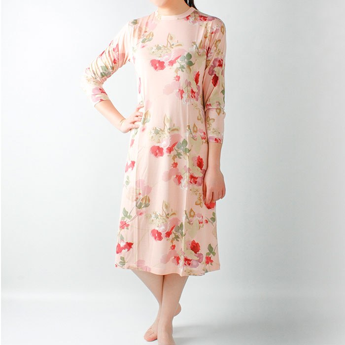 シルク100 シルク長袖ワンピース ピンク花柄 シルクワンピース ルームウエア リラックスウエア ネグリジェ シルクパジャマ 絹 天竺 母の日 Sgcc Bm