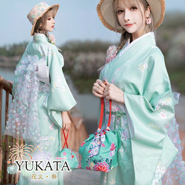 浴衣 高校生 ミントグリーン 桜柄 花柄 古典柄 単衣 和服 レディース 大人 浴衣 セット 中学生 ワンピース ゆかた 花火大会 女性 女の子 洗える レトロ 街着 お出かけ お稽古 かわいい おしゃれ 大きめ ジュニア 夏祭り 浴衣 レディース セット お花見 プレゼント 140cm｜Silk Player