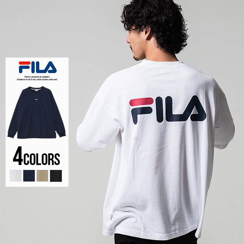 楽天市場 長袖tシャツ ロゴ プリント ブラック ホワイト ベージュ ネイビー Fila フィラ バックロゴプリントクルーネック長袖tシャツ 全4色 あす楽対応 メンズ バックプリント オーバーサイズ ドロップショルダー ロンt ブランド ユニセックス ストリート M L 秋 冬