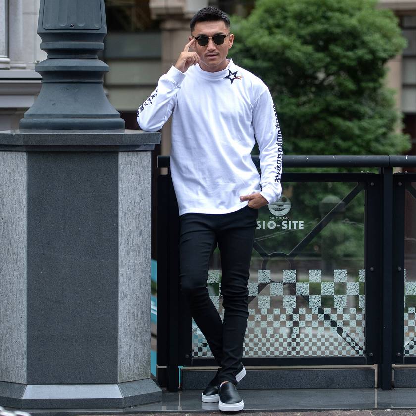 Tシャツ メンズ ロンT 20代 ロゴ 長袖 星 モックネック XL ユニ 