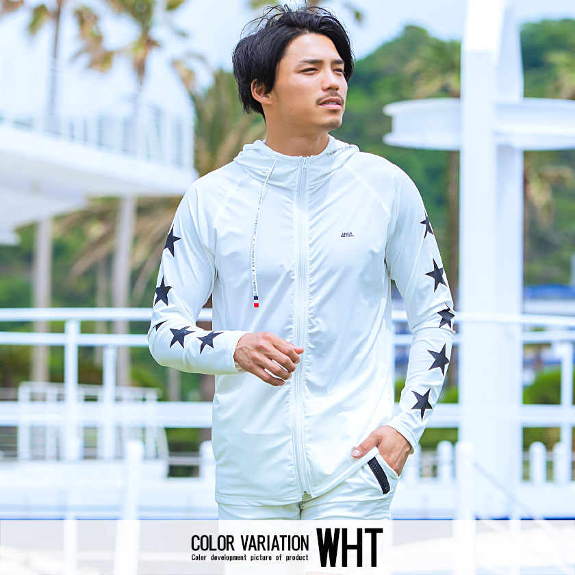 送料無料 ラッシュガード メンズ 長袖 トップス 羽織り パーカー ジップアップ 水着 スイムウェア 日焼け対策 海 ビーチ プール スター 星柄 ロゴ プリント ホワイト ネオンイエロー ネオンピンク ブラック 白 黒 M L Luxe R ラグジュ 夏 21 即日発送 あす楽対応