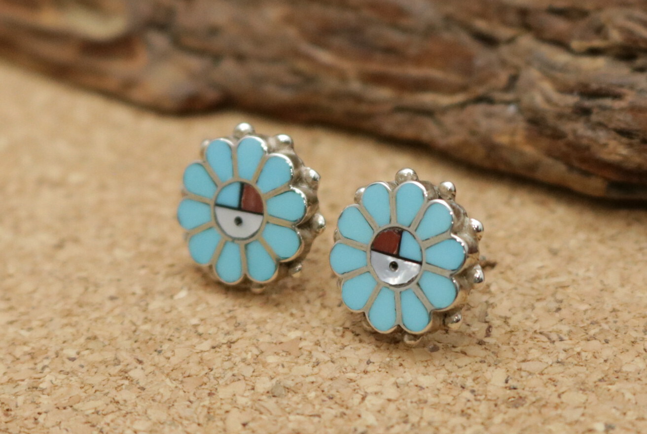 インディアンジュエリー ズニ族 お花形 サンフェイス スタッズピアス ターコイズ 割り引き