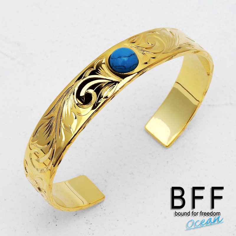 卓出 Bff ブランド バングル メンズ 幅12mm ハワイアンバングル ゴールド 18k Gp Gold 金色 平打 ターコイズ 一粒 手彫り 彫金 金属アレルギー対応 専用box付属 Fucoa Cl