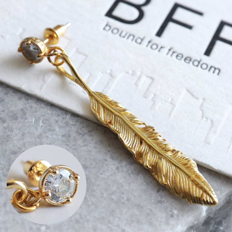 BFF ブランド フェザーピアス ゴールド 18K GP シルバー925 特大 一粒ピアス ドロップピアス 羽根 繊細 片耳用 金属アレルギー対応 専用BOX付属 父の日