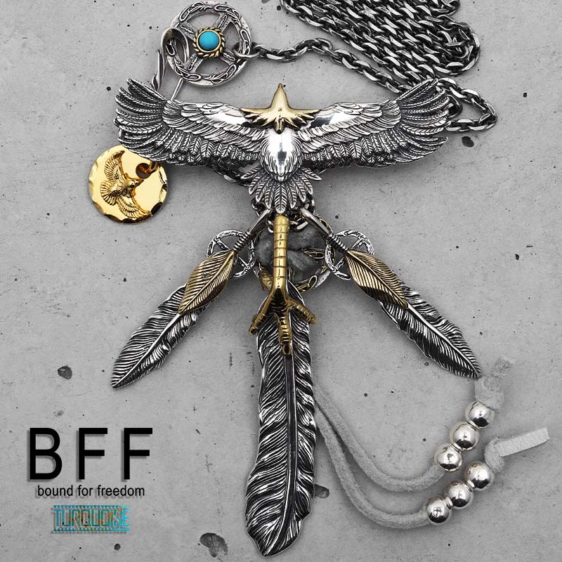 BFF ブランド イーグルネックレス メンズ ネックレス シルバー925 ネイティブ インディアンジュエリー 金爪 上金 本革 羽根 イーグル 豪華 カスタム 金属アレルギー対応 専用BOX付属