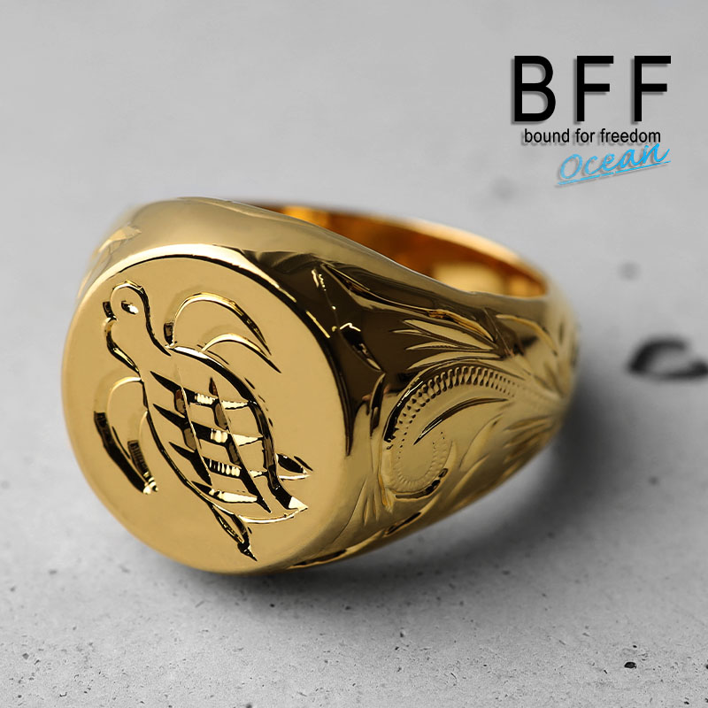 ＼ MAX20％OFFクーポン ／ BFF ブランド タートル 印台リング ラージ ごつめ ゴールド 18K GP gold 金色 丸型 サークル スタンプリング シグネットリング ハワイ ハワイアンジュエリー 手彫り 彫金 専用BOX付属