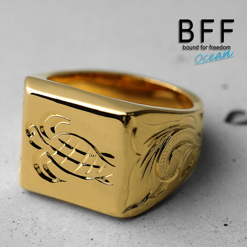 ＼ MAX20％OFFクーポン ／ BFF ブランド タートル 印台リング ラージ ごつめ ゴールド 18K GP gold 金色 四角 スクエア スタンプリング シグネットリング ハワイ ハワイアンジュエリー 手彫り 彫金 専用BOX付属