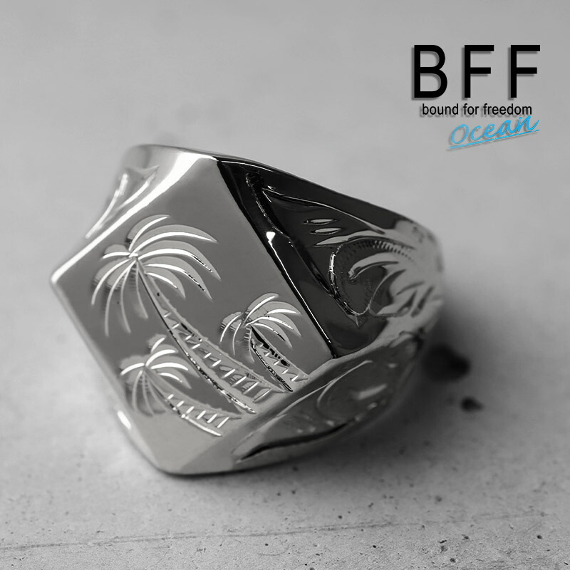 BFF ブランド パームツリー 印台リング ラージ ごつめ シルバー 18K 銀色 菱形 ダイヤ型 スタンプリング シグネットリング ハワイ ハワイアンジュエリー 手彫り 彫金 専用BOX付属