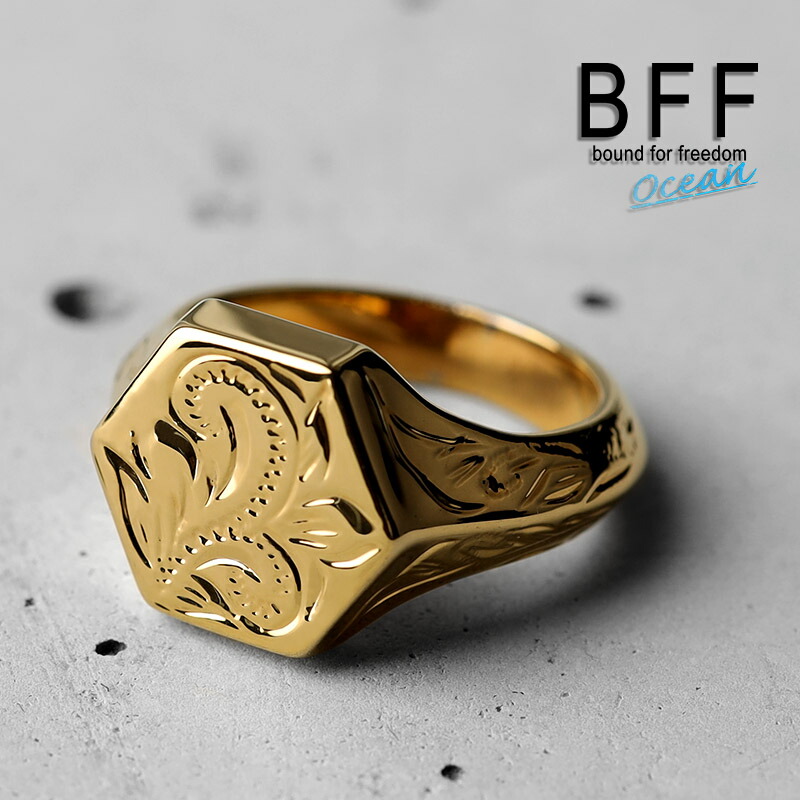 BFF ブランド スクロール マイレ 印台リング スモール 小ぶり ゴールド 18K GP gold 金色 六角形 スタンプリング シグネットリング ハワイ ハワイアンジュエリー 手彫り 彫金 専用BOX付属
