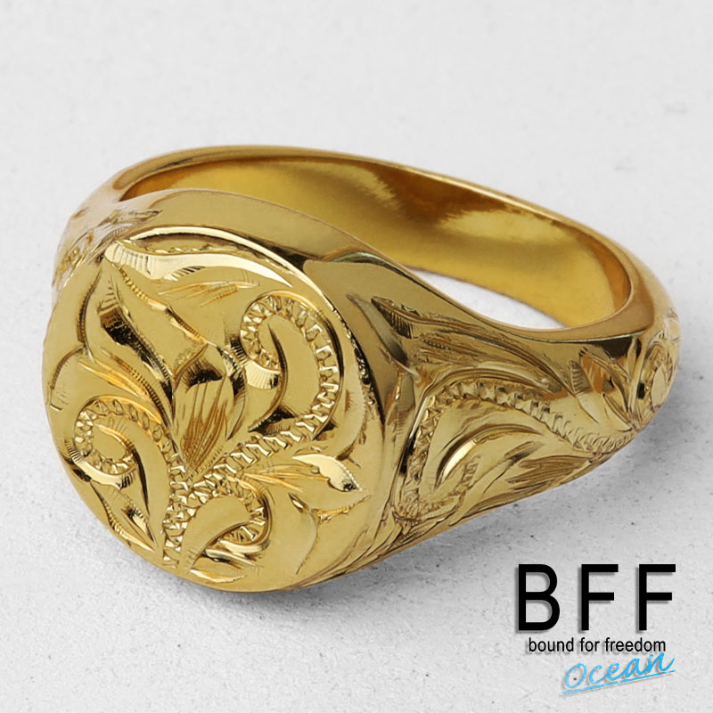 8400円 【91%OFF!】 BFF ブランド 印台リング メンズ 丸型 指輪 シルバー925 ゴールド 18K GP gold 金色 ハワイ  ハワイアンジュエリー 手彫り 彫金 金属アレルギー対応 専用BOX付属