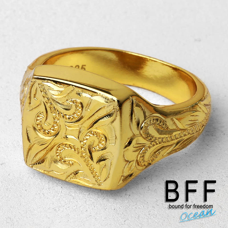 ＼ MAX20％OFFクーポン ／ BFF ブランド 印台リング メンズ スクエア 指輪 シルバー925 ゴールド 18K GP gold 金色 ハワイ ハワイアンジュエリー 手彫り 彫金 金属アレルギー対応 専用BOX付属