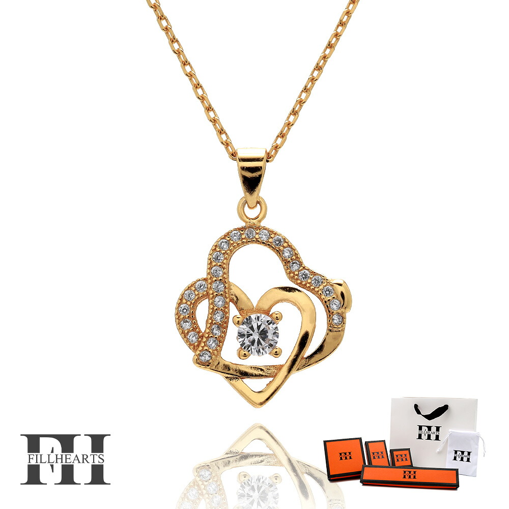 ＼ MAX20％OFFクーポン ／ FILL HEARTS ネックレス レディース 女性 大人 ゴールド アクセサリー Twin Heart ハート ツイン 双子 ジルコニア 金属アレルギー対応 シルバー925 S925 18K 18金 40cm 小さめ シルバーネックレス