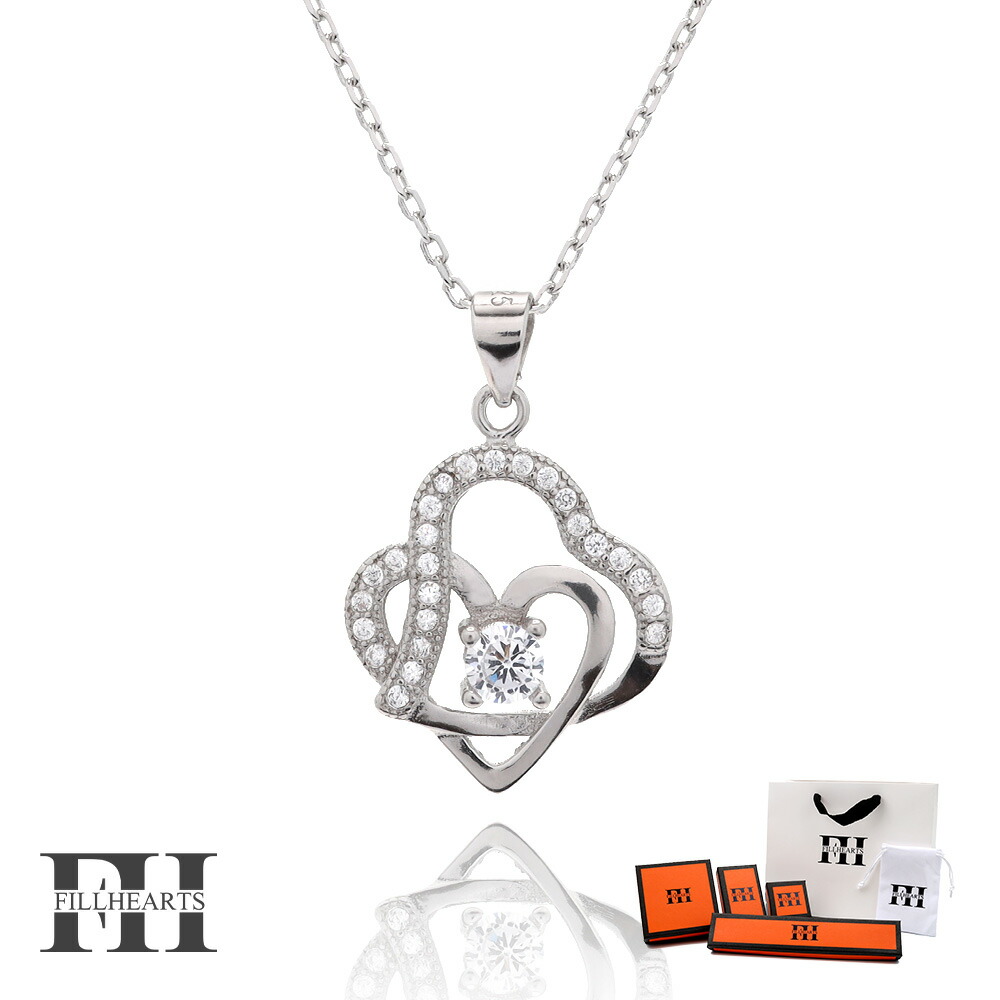 ＼ MAX20％OFFクーポン ／ FILL HEARTS ネックレス レディース 女性 大人 シルバー アクセサリー Twin Heart ハート ツイン 双子 ジルコニア 金属アレルギー対応 シルバー925 S925 ロジウムメッキ 40cm 小さめ シルバーネックレス