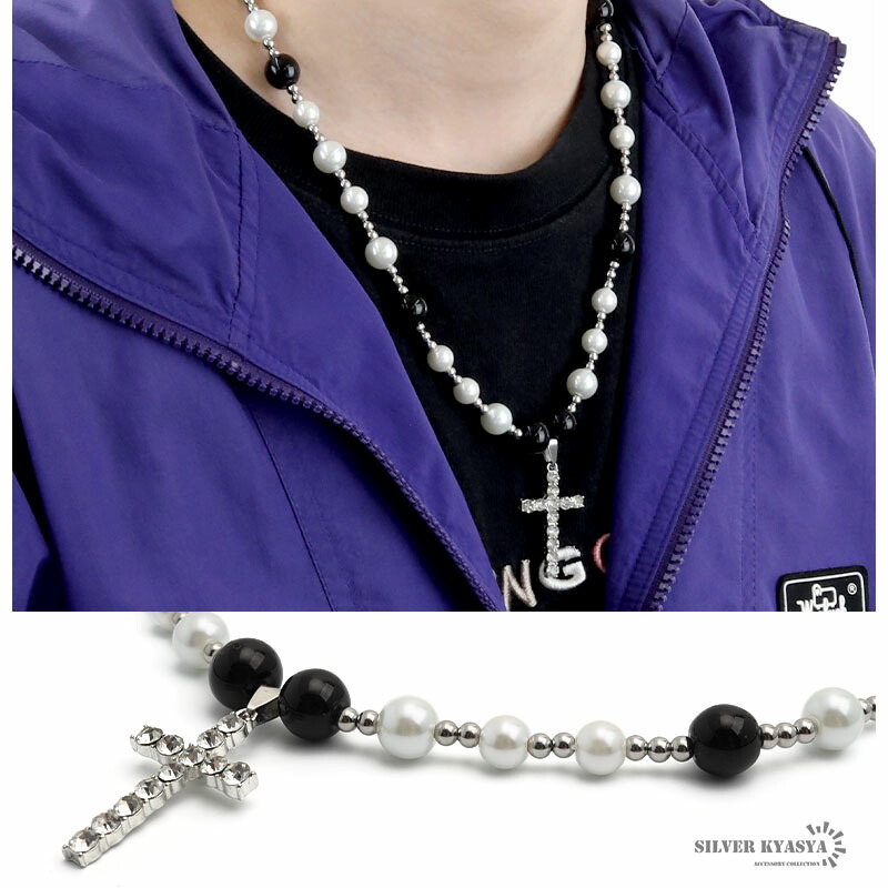ネックレス メンズ パールネックレス クロス 十字架 キュービックジルコニア CZ pearl necklace ストリート silver 銀色 金属 ステンレス アレルギーフリー