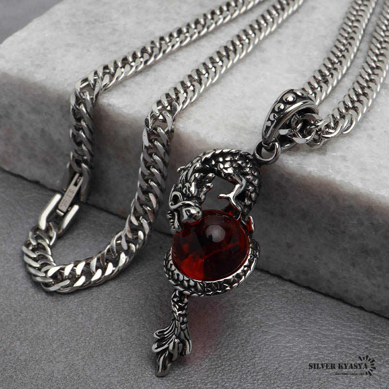 ＼最大30％OFFクーポン登場中！／ステンレス ドラゴンネックレス ダブル喜平チェーンネックレス シルバー レッド ガーネット 龍 ストーン 中折式留具 映える メンズ 男性 お洒落 人気 トレンド 流行り 金属アレルギー対応 ペンダント｜SILVER KYASYA