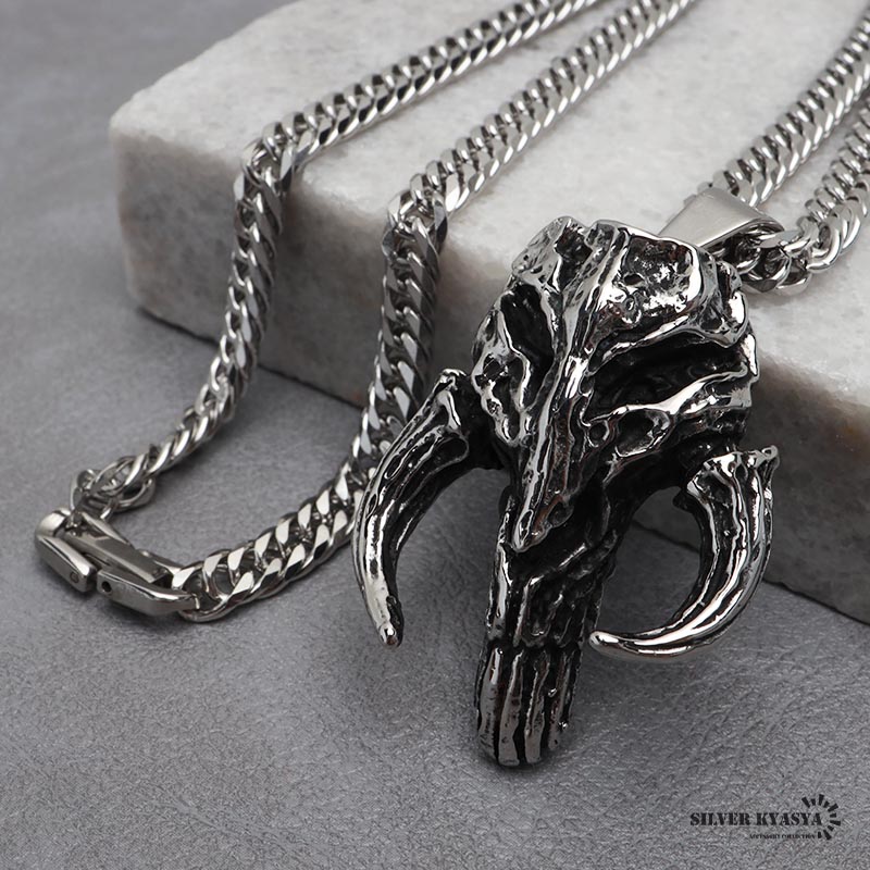 ステンレス デーモンネックレス シルバー ダブル喜平チェーンネックレス 幅6mm 長さ50cm/60cm ホラー 悪魔 角 中折式 メンズ 男性 お洒落 人気 トレンド 流行り 金属アレルギー対応
