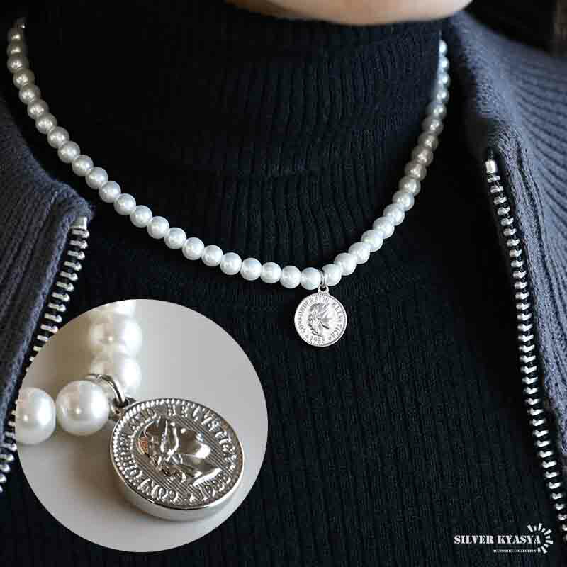 楽天市場】ステンレス コインネックレス パールネックレス