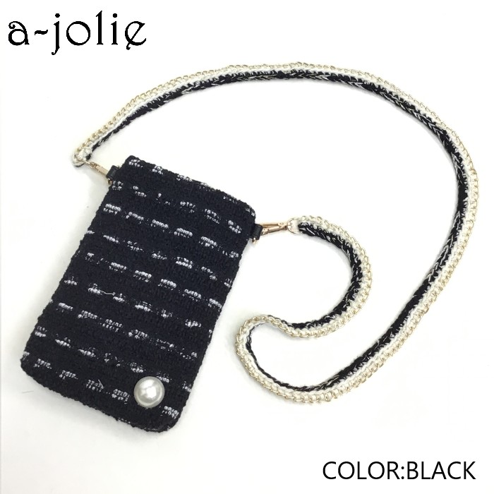 【公式】a-jolie アジョリー 一粒 パール付き ツイード モバイルポシェット アパレル ファッション バッグ モバイル ポシェット