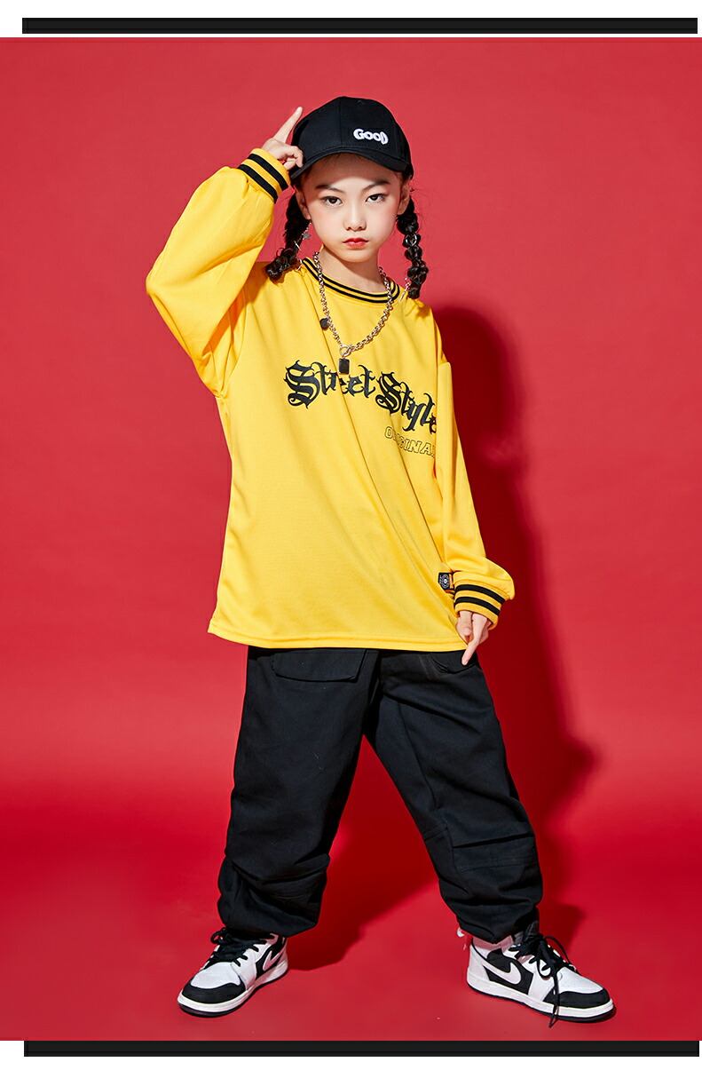 ダンス衣装 キッズ トップス 韓国 黒 ファッション K-POP ガールズ プルオーバー 派手 男の子 キッズダンス衣装 ヒップホップ 黄色  スーツ・カジュアルセットアップ