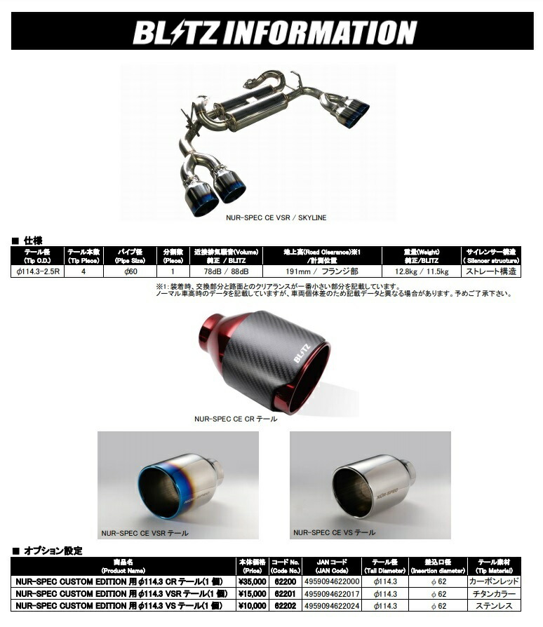 楽天市場 ブリッツ 日産 スカイライン Rv37 400r Gt マフラー Nur Spec Custom Edition Vsr リアディフューザー 装着車専用 v ニュルスペック 個人宅発送不可 シンシアモール 楽天市場店