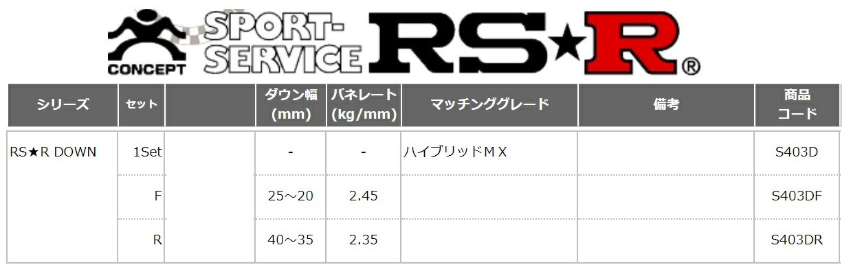 RS-R クロスビー MN71S RSR S403DF スプリング ダウン ダウンサス ハイブリッドMX フロント 個人宅発送追金有 奉呈 MN71S