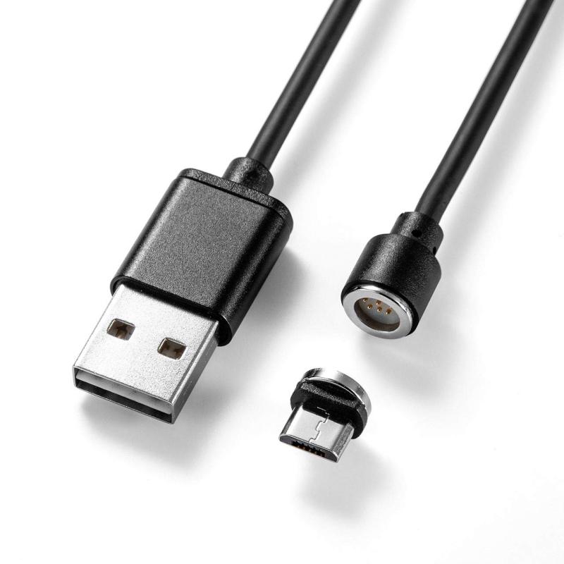 サンワダイレクト microUSBケーブル マグネット着脱式 QuickCharge USB両面挿し 充電・通信 2A対応 1m ブラック 500-USB060画像