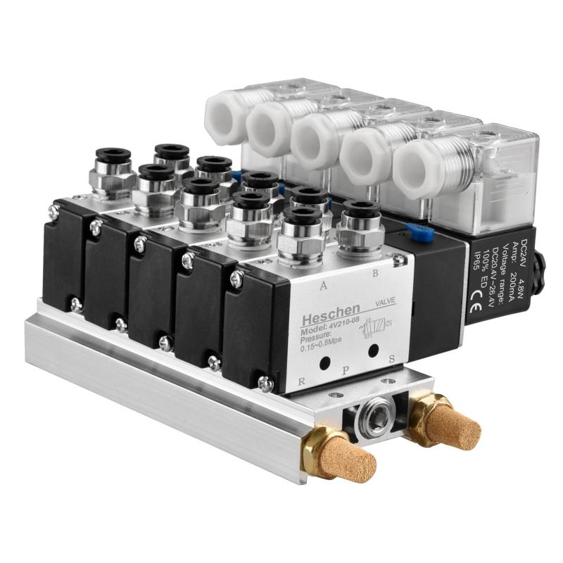 Heschen 電気空気圧5ソレノイドバルブ 4V210-08 DC24V PT1/4 5ウェイ 2ポジション マニホールドベース マフラー クイックフィッティングセット