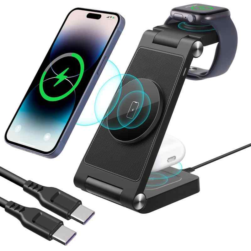 ワイヤレス充電器 3in1 充電器 apple watch 充電スタンド 【2023最新型】apple 充電スタンド magsafe 3in1 iphone apple watch 充電器 18Ｗ急速充電 置くだけ マグネット式充電 スマホ・AirPod