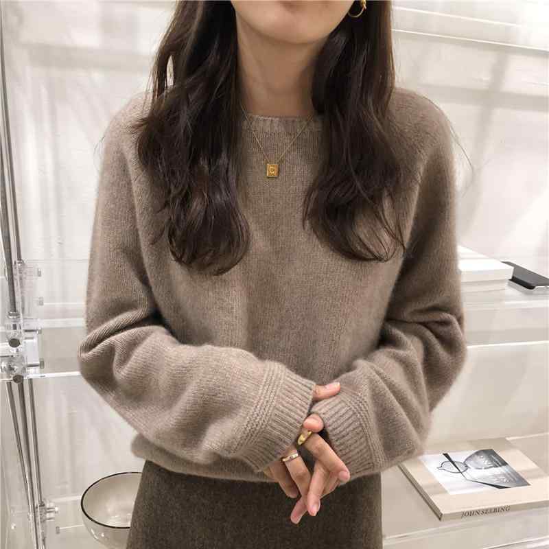レディース 秋冬 ルーズフィット カシミヤ ニットセーター クルーネック プルオーバー ショート丈 厚手 暖か 柔らかい 羊毛 インナー トップス 普段使い