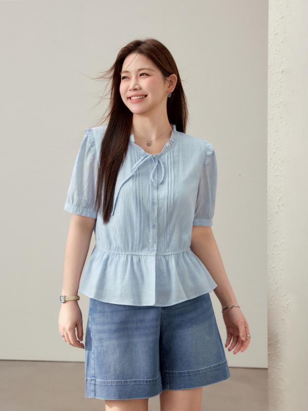 レディース ビッグサイズ 夏用 フリル襟 優しい 若々しい シャツ ブラウス トップス ゆったりシルエット 普段使い ソフト素材 コーディネートしやすい|sinkouecomart
